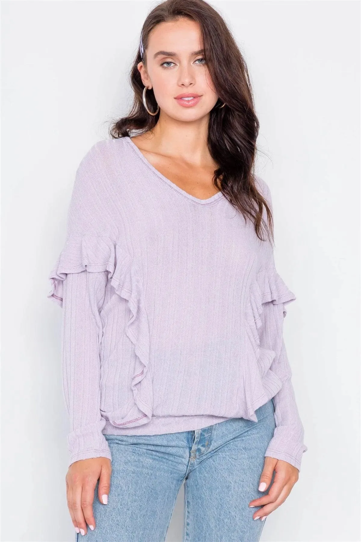 Relaxed Fit Ribbed Knit Long Ruffle Sleeve Top