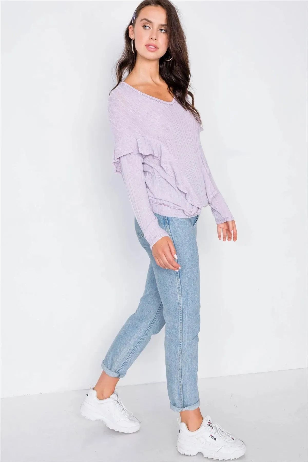 Relaxed Fit Ribbed Knit Long Ruffle Sleeve Top