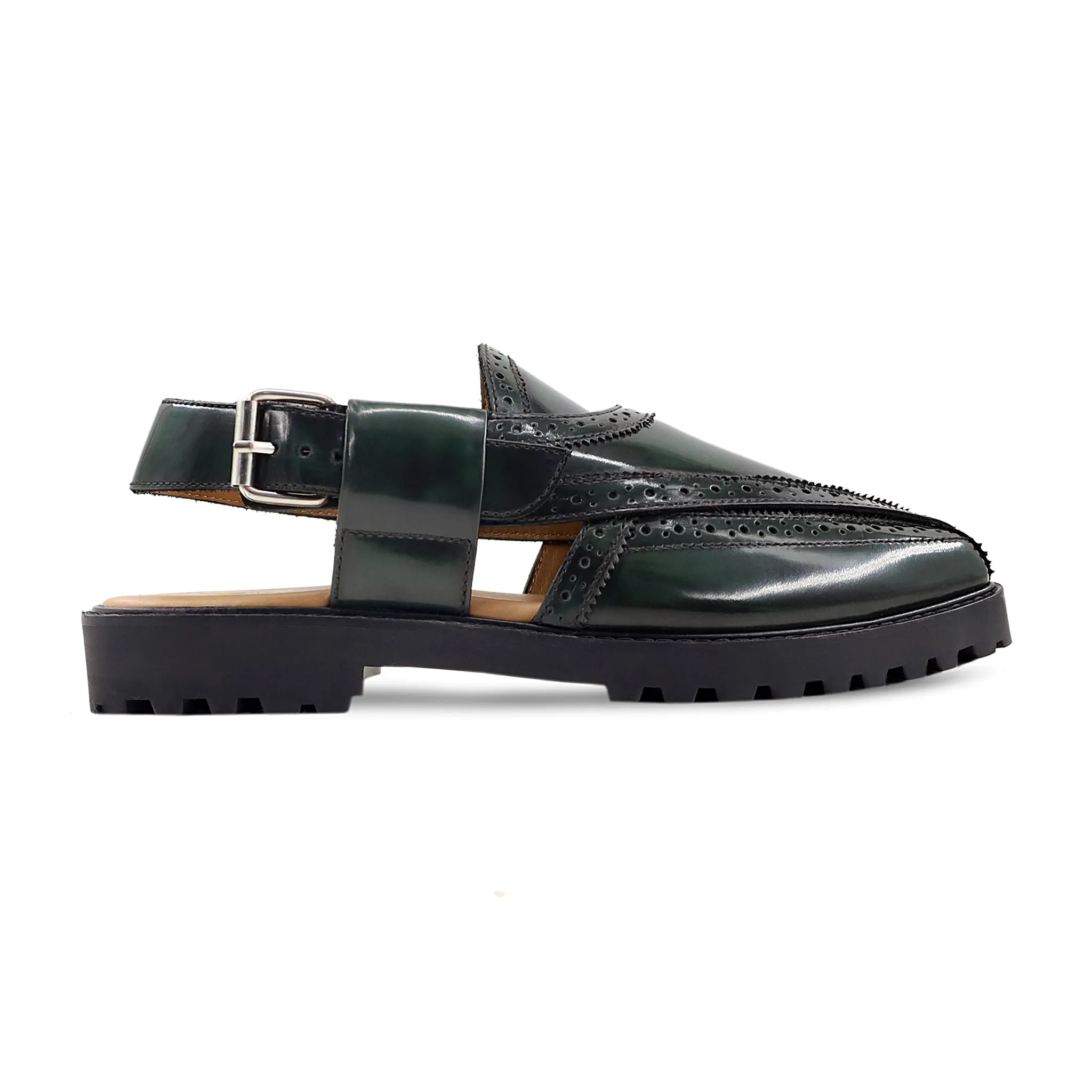 Roro - Men's Burnished Green Box Leather High Shine Sandal