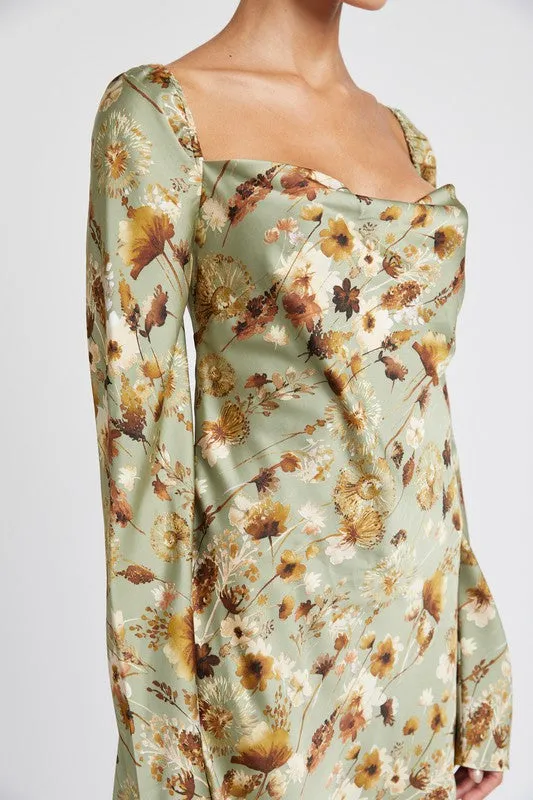 Sage floral long sleeve open back mini dress