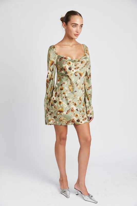 Sage floral long sleeve open back mini dress