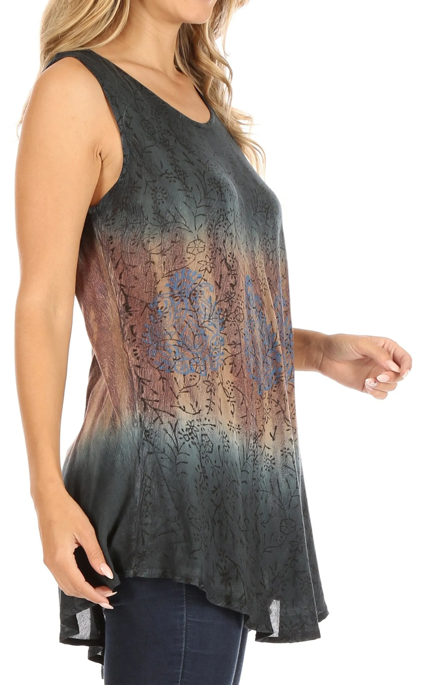 Sakkas Isabela Womens Everyday Summer Sleeveless Tank Top Tie-dye & Block Print