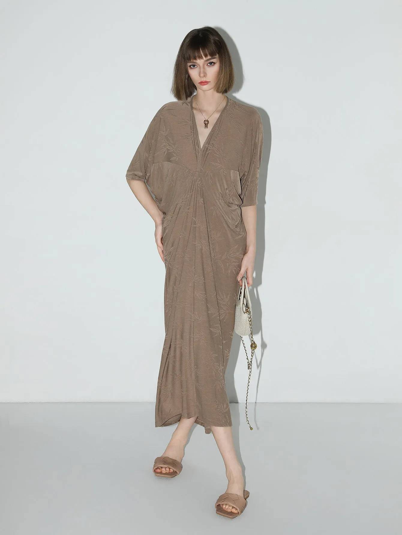 Shawl Neck Bamboo Jacquard Knit Maxi Dress