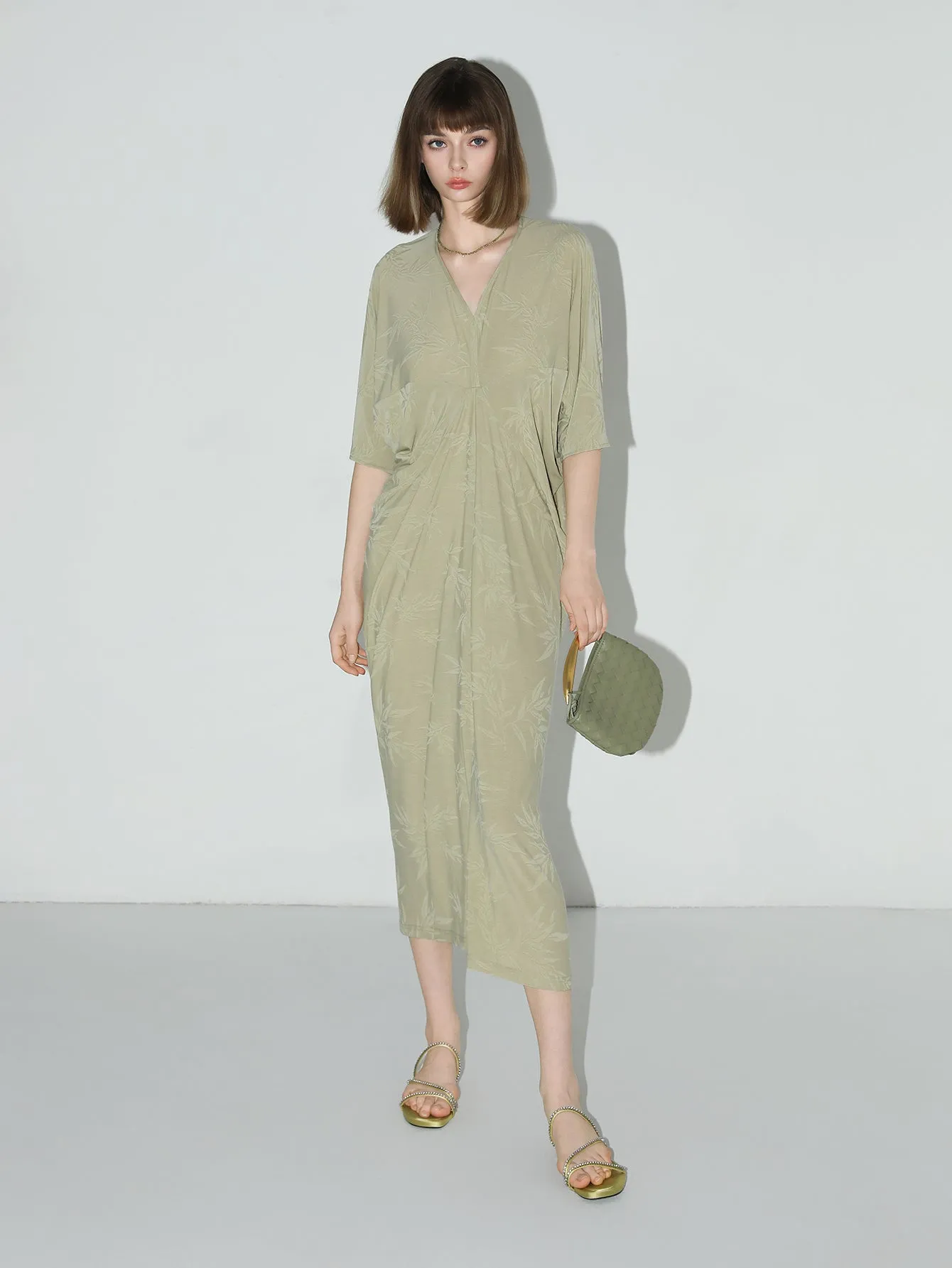 Shawl Neck Bamboo Jacquard Knit Maxi Dress