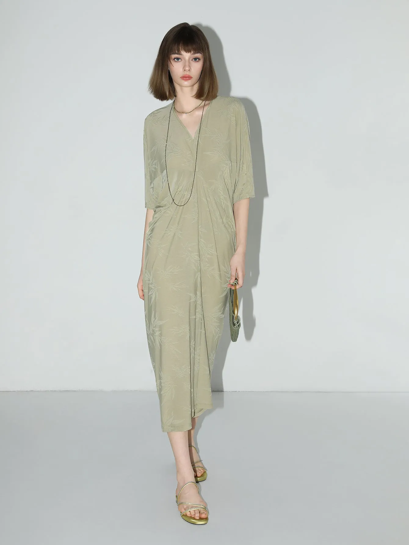 Shawl Neck Bamboo Jacquard Knit Maxi Dress