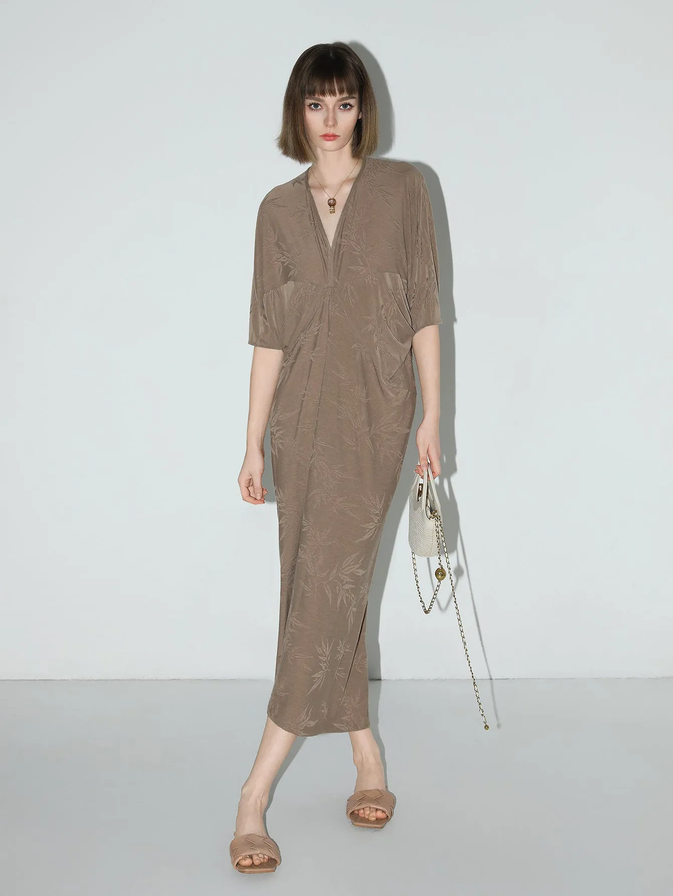 Shawl Neck Bamboo Jacquard Knit Maxi Dress