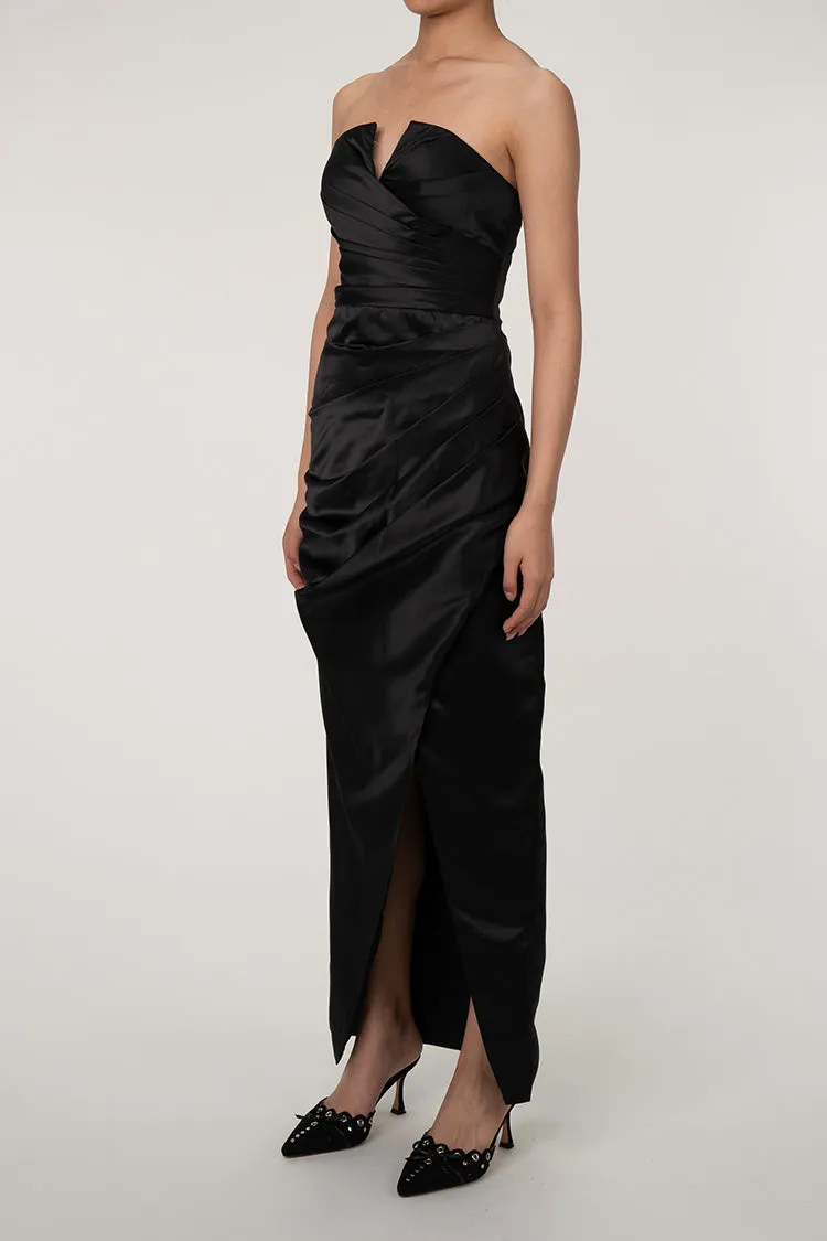 Silky Satin Notch V Strapless Draped Evening Maxi Dress - Black