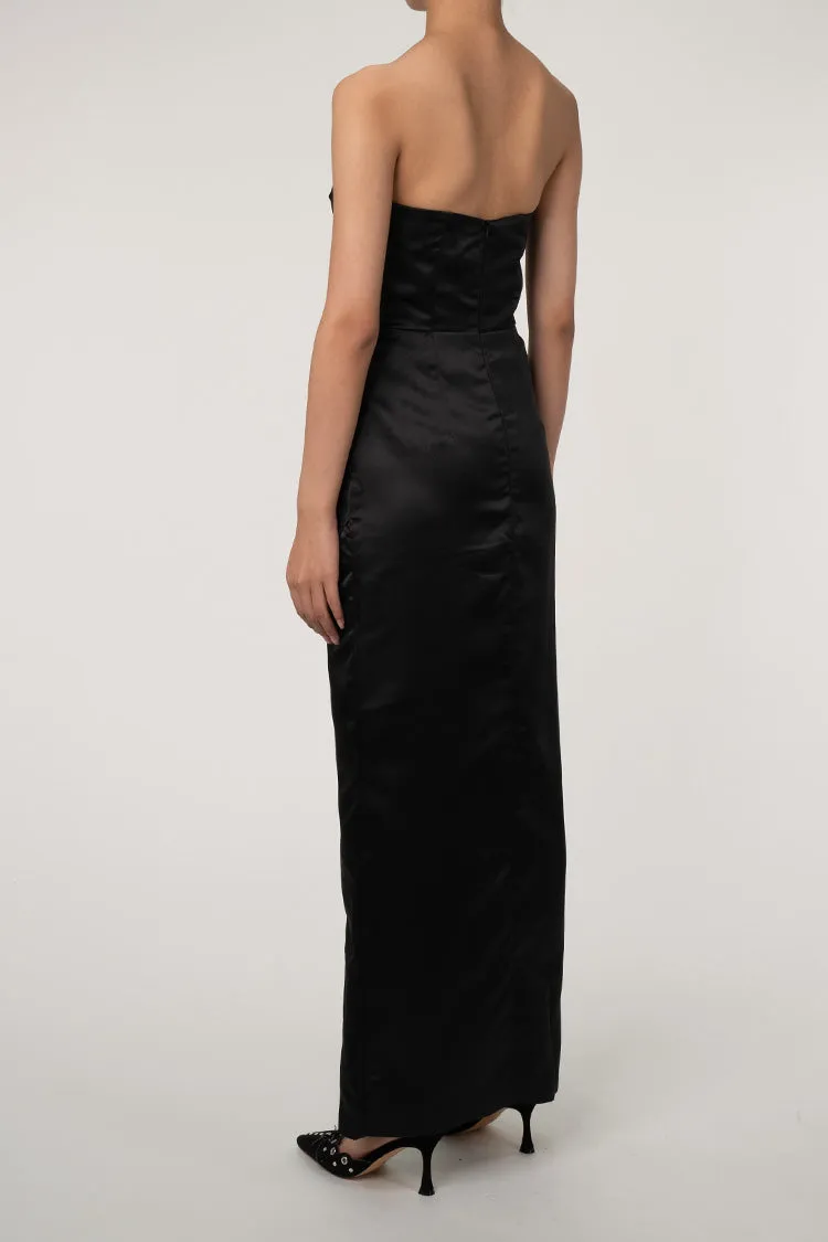 Silky Satin Notch V Strapless Draped Evening Maxi Dress - Black