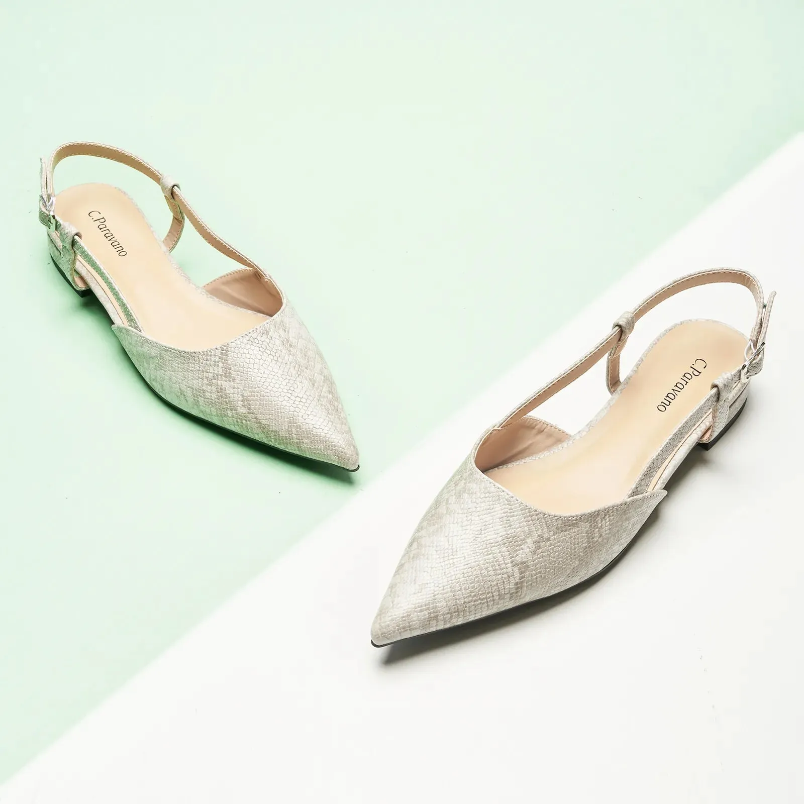 Sleek Prints Slingback Flats (Freya) Light Grey Snake