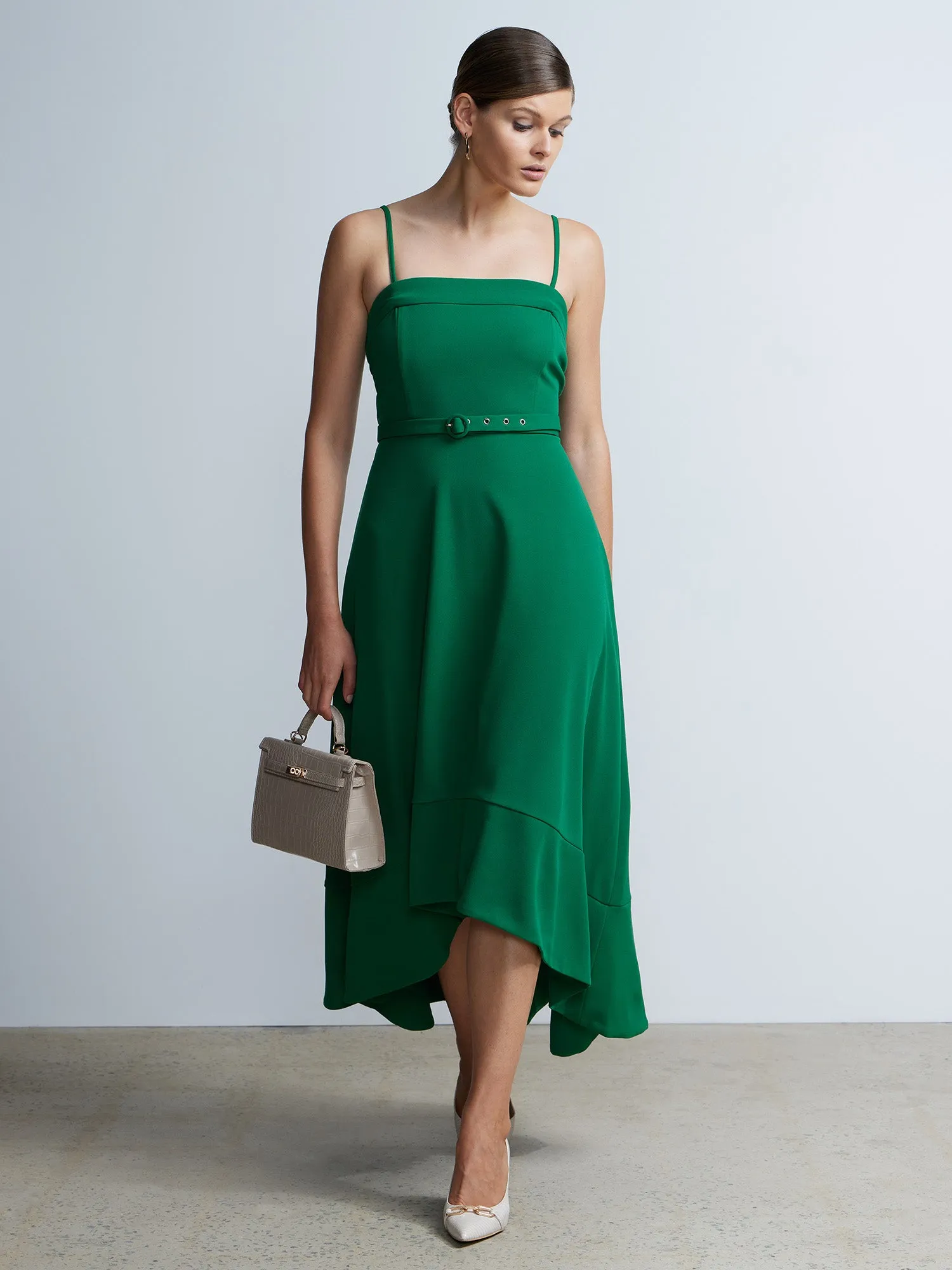 Sleeveless High-Low Hem Belted Dress