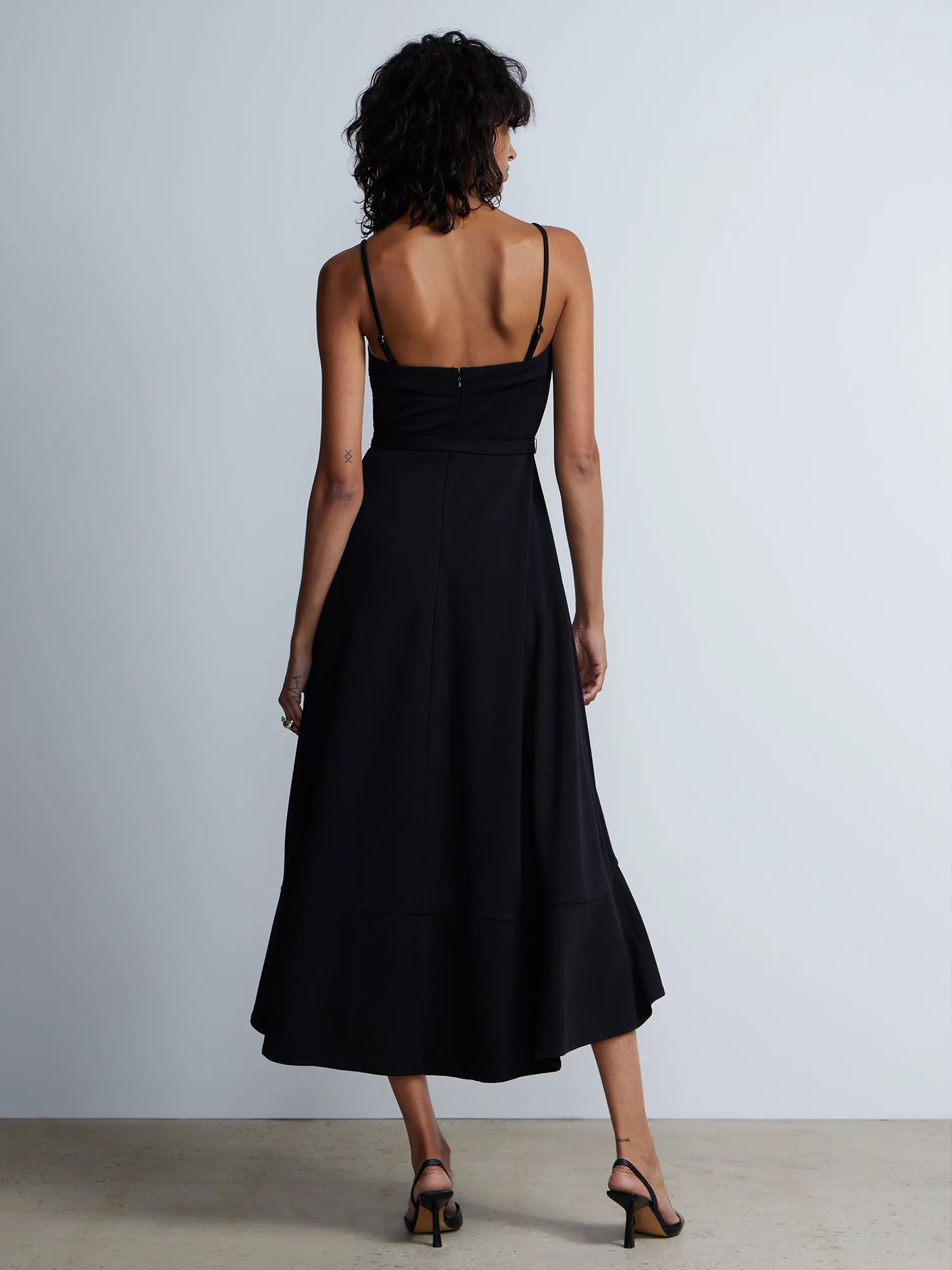 Sleeveless High-Low Hem Belted Dress