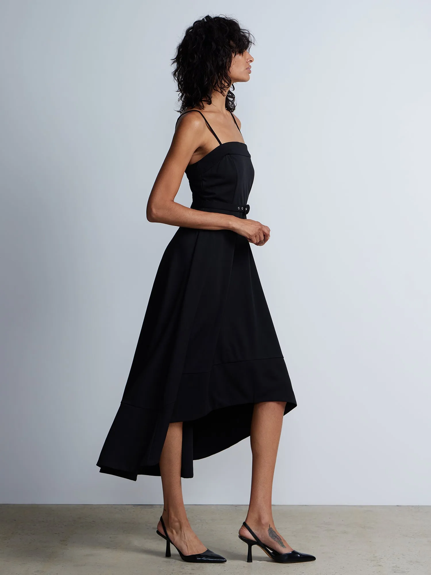 Sleeveless High-Low Hem Belted Dress