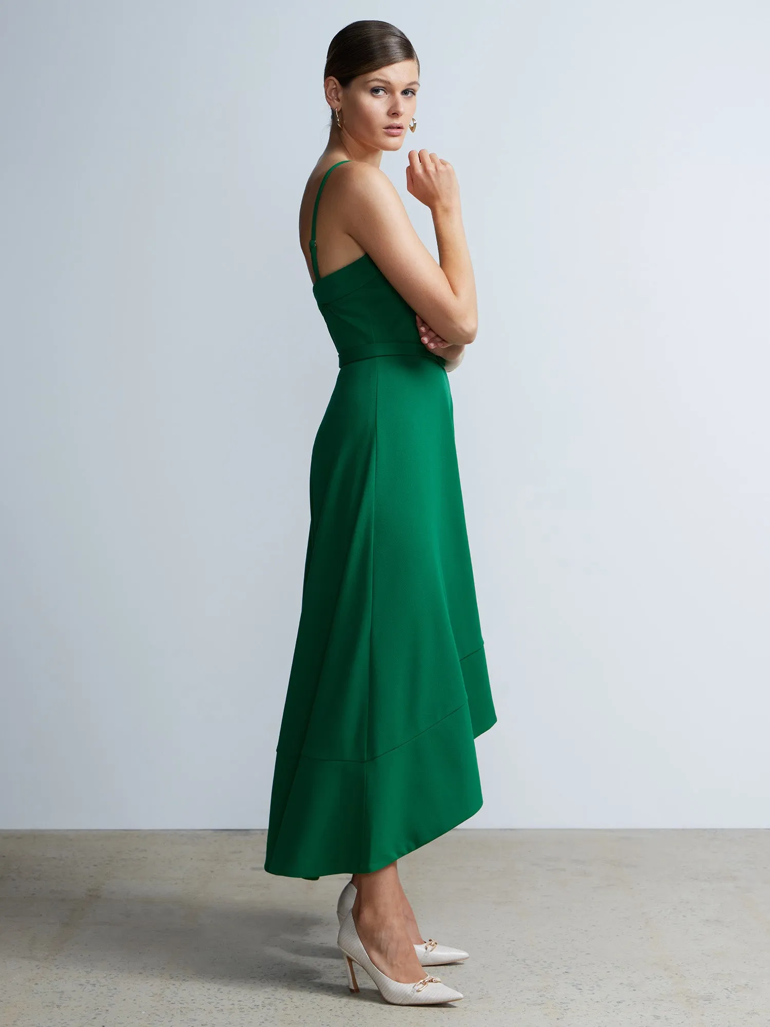 Sleeveless High-Low Hem Belted Dress