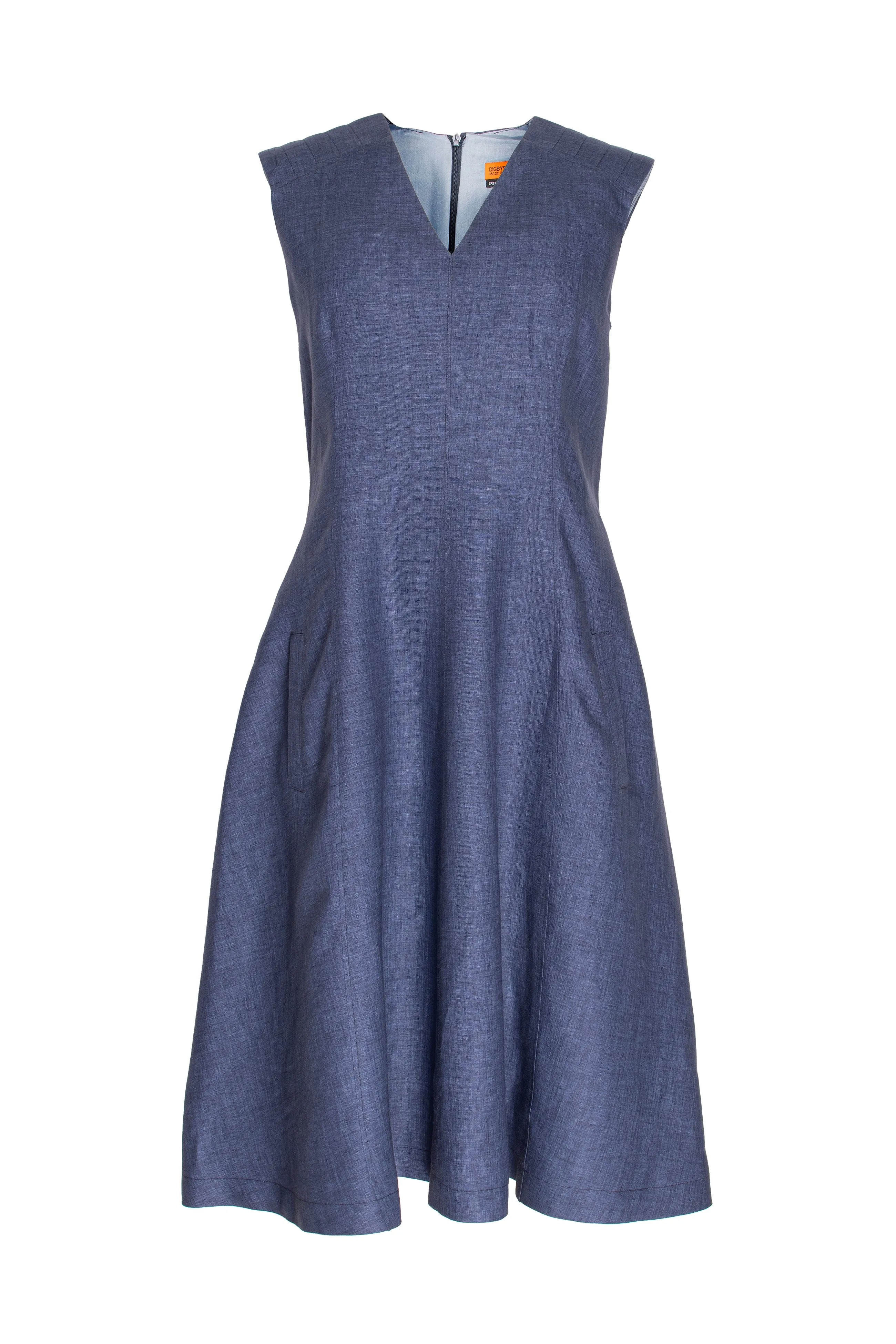 Slit Pocket V Neck Dress - Ink Linen 9705