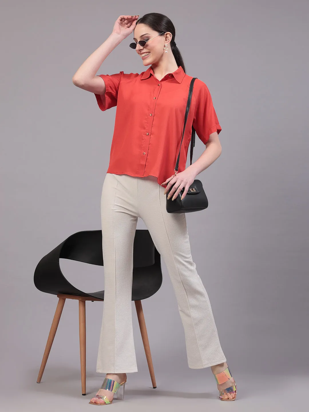 Style Quotient Women Relaxed Fit Orange Spread Collar Raglan Sleeve Shirt