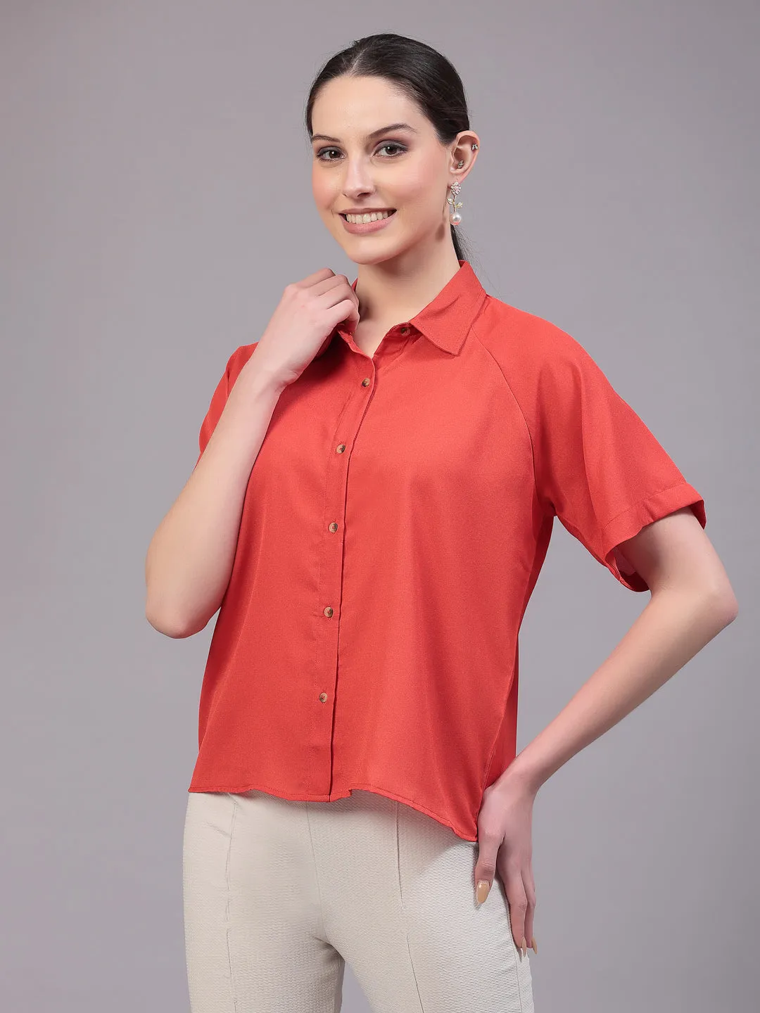 Style Quotient Women Relaxed Fit Orange Spread Collar Raglan Sleeve Shirt