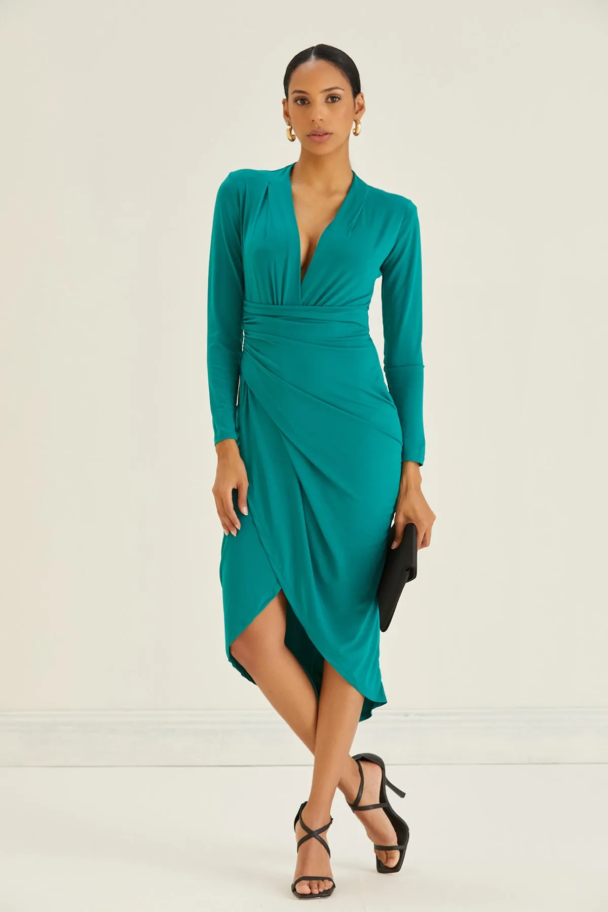 Timeless Wrap Midi Dress with Front Slit in Live Green