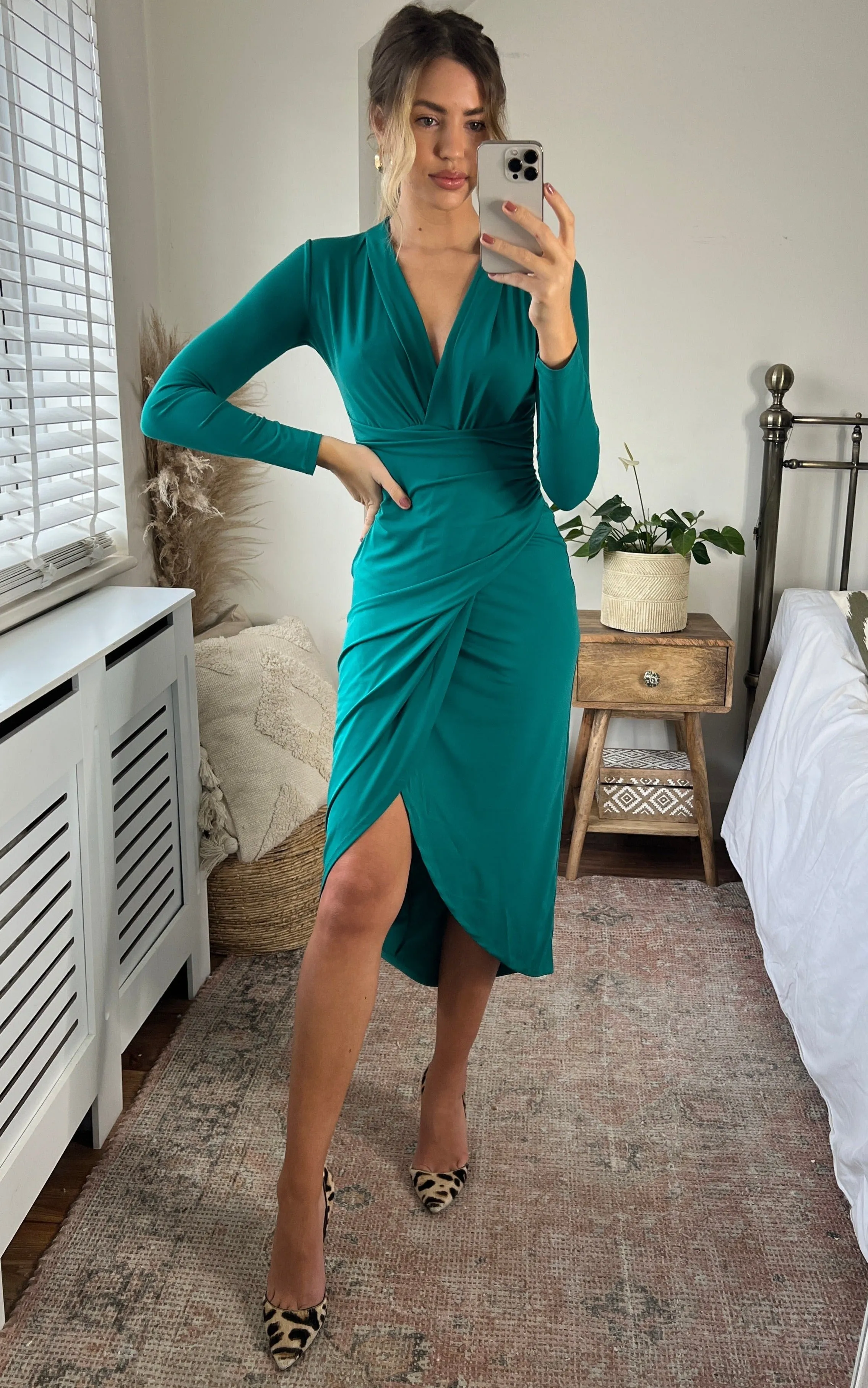 Timeless Wrap Midi Dress with Front Slit in Live Green