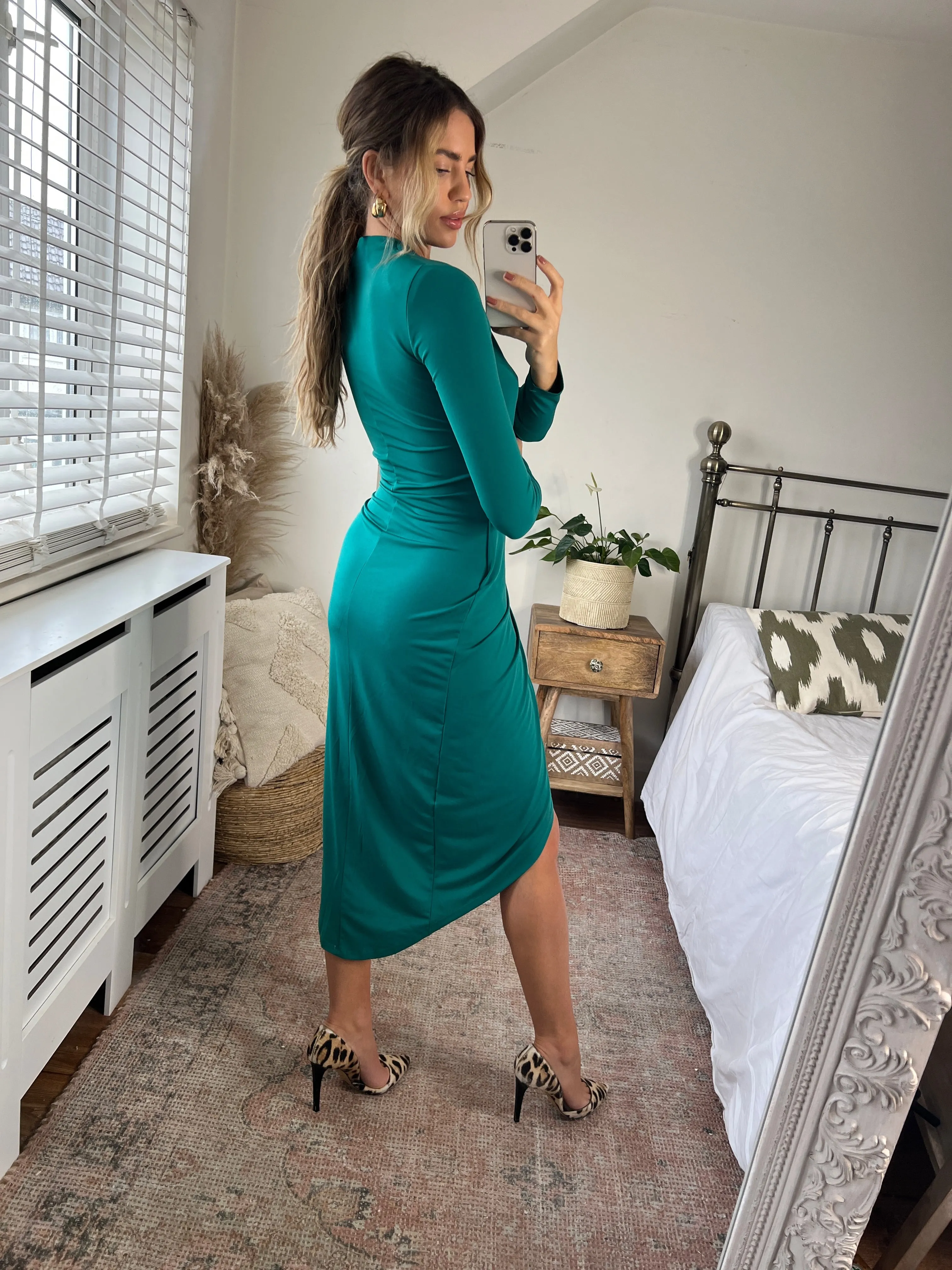 Timeless Wrap Midi Dress with Front Slit in Live Green