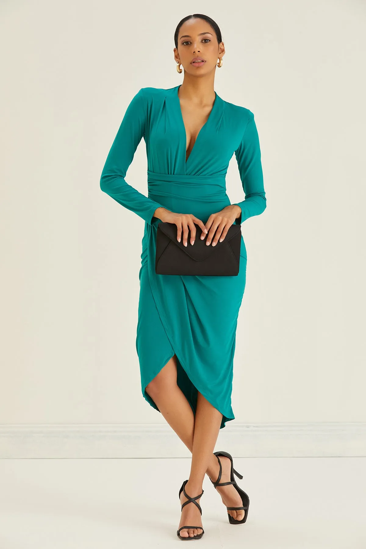 Timeless Wrap Midi Dress with Front Slit in Live Green