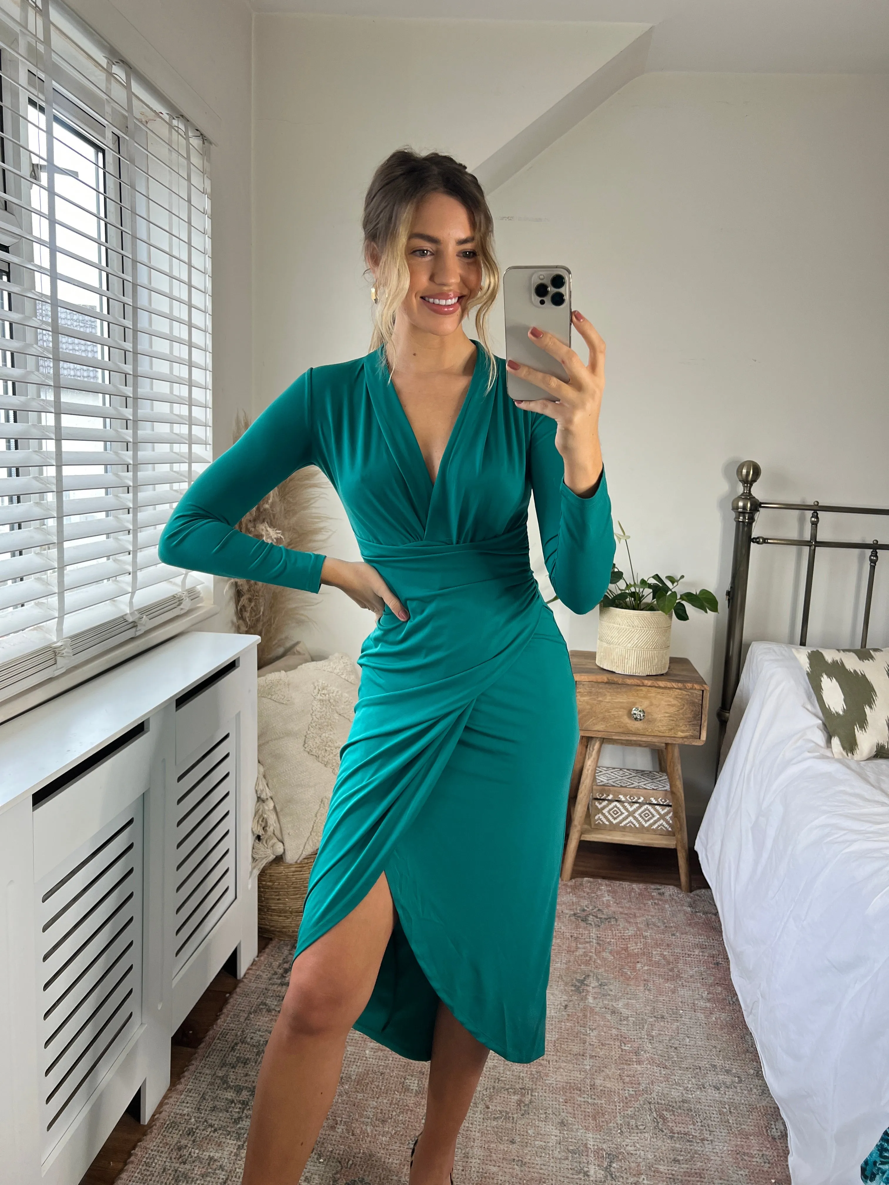 Timeless Wrap Midi Dress with Front Slit in Live Green