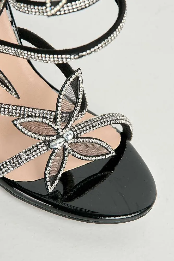 Toki Butterfly Detail Diamante Heeled Sandals in Black