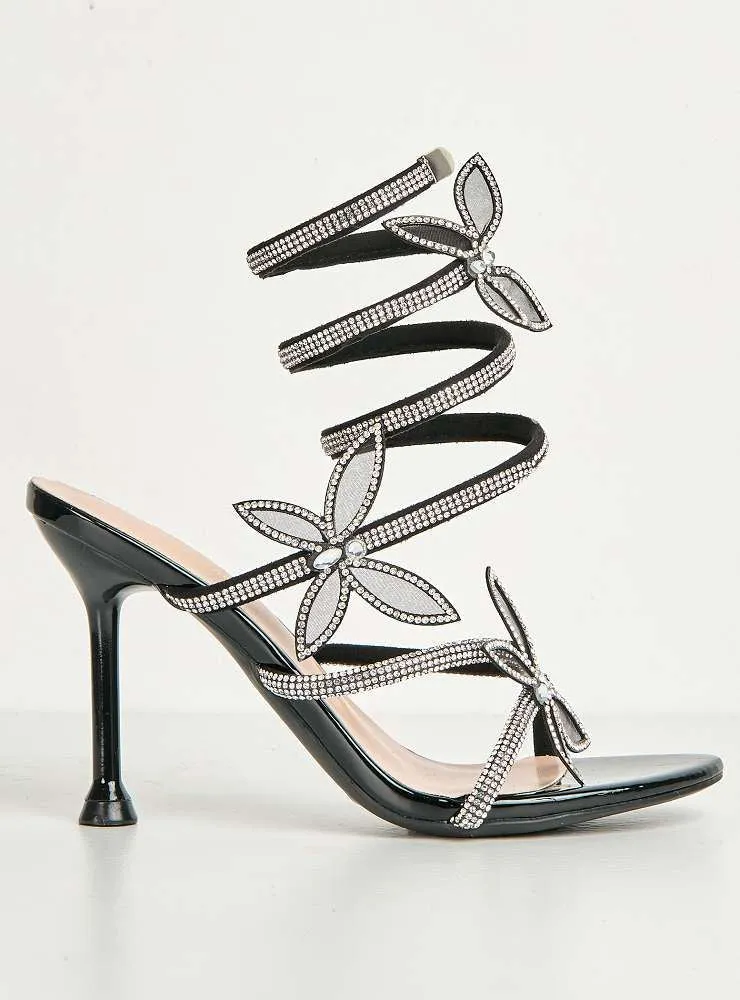 Toki Butterfly Detail Diamante Heeled Sandals in Black