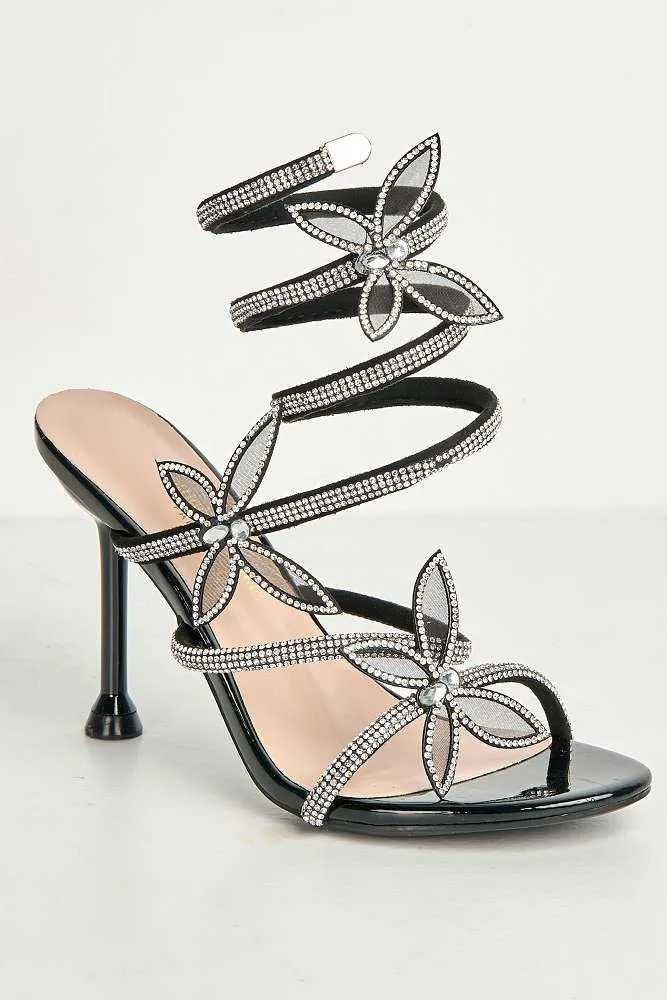 Toki Butterfly Detail Diamante Heeled Sandals in Black