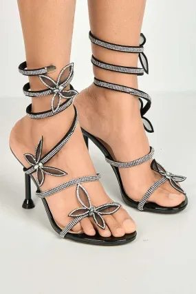 Toki Butterfly Detail Diamante Heeled Sandals in Black