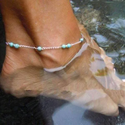 Turquoise Bead Adjustable Chain Anklet for Women or Teens Summer Beach or Casual Wear