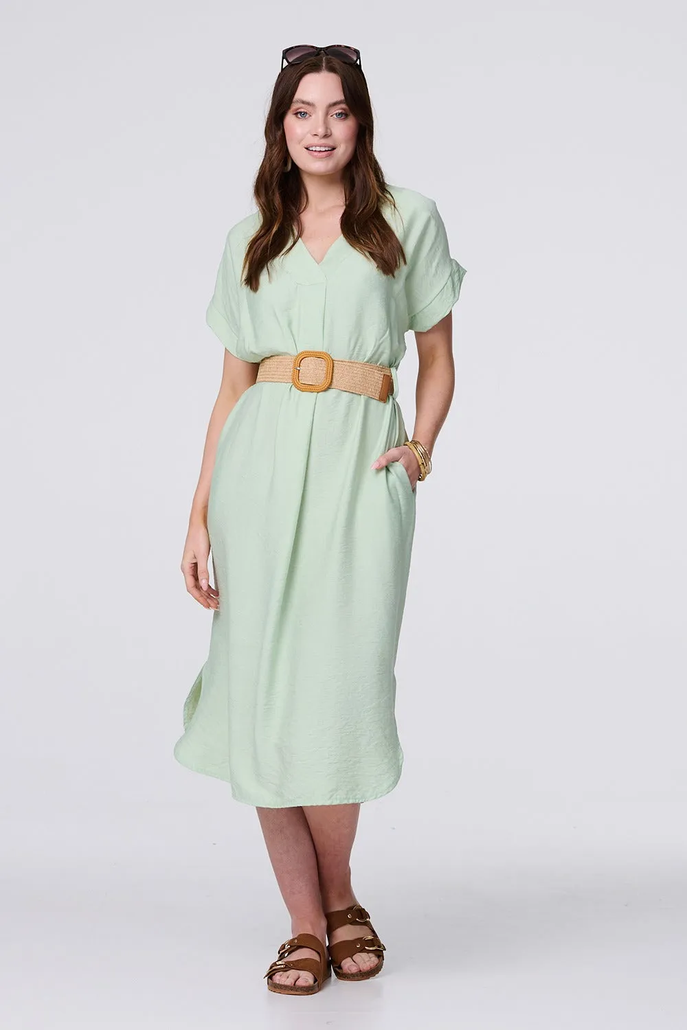 V-Neck Short Sleeve Belted Tunic Dress