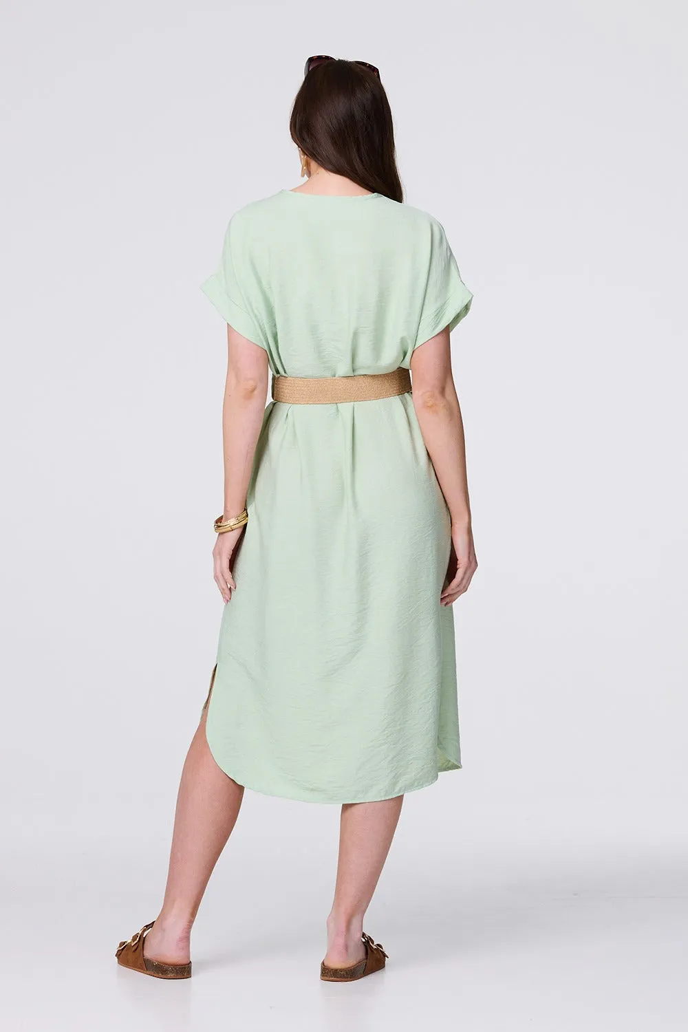 V-Neck Short Sleeve Belted Tunic Dress