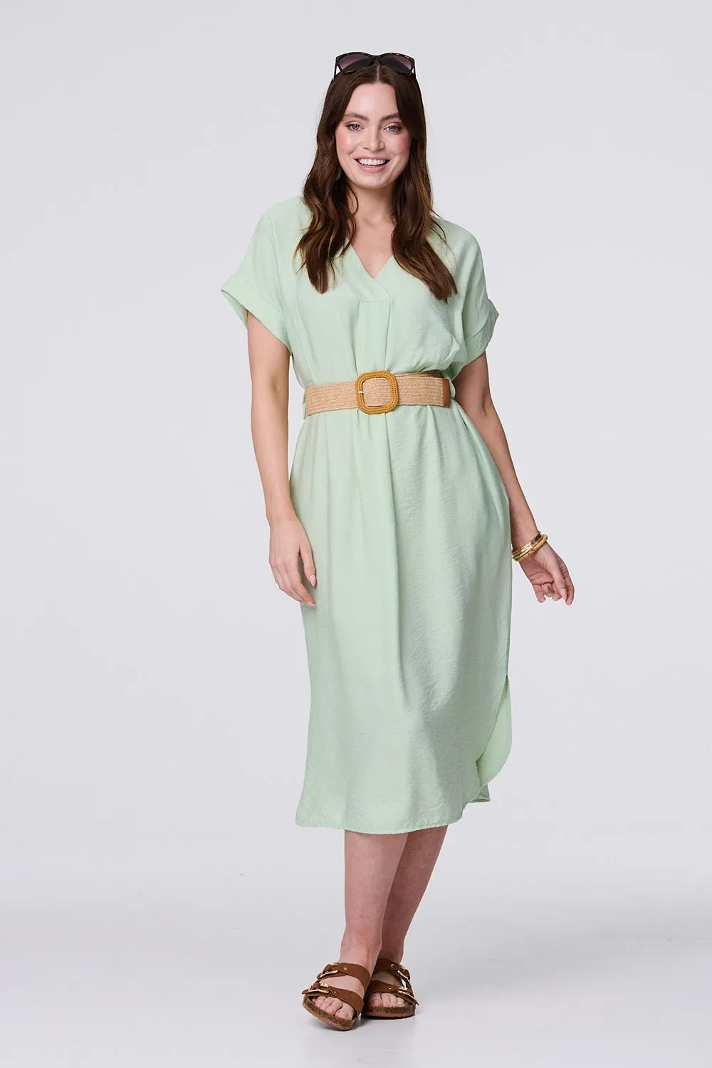 V-Neck Short Sleeve Belted Tunic Dress