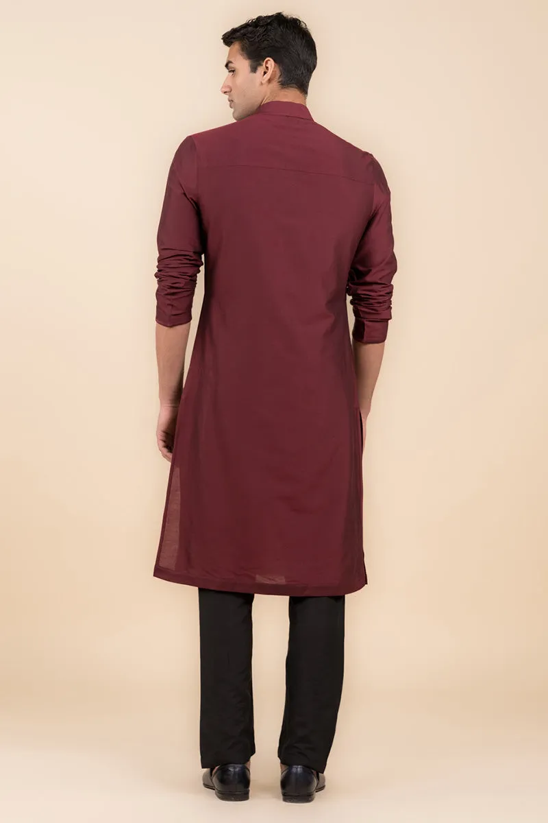 Wine Single Kurta With Zero Point Collar