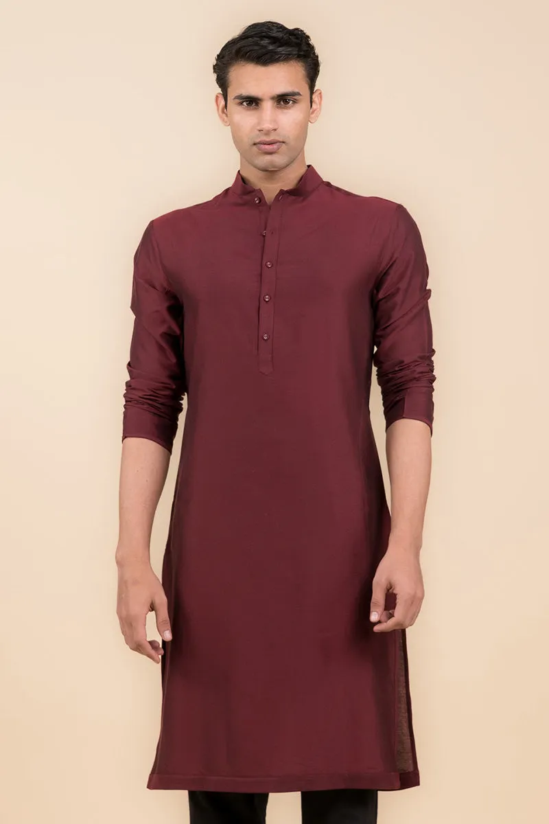 Wine Single Kurta With Zero Point Collar