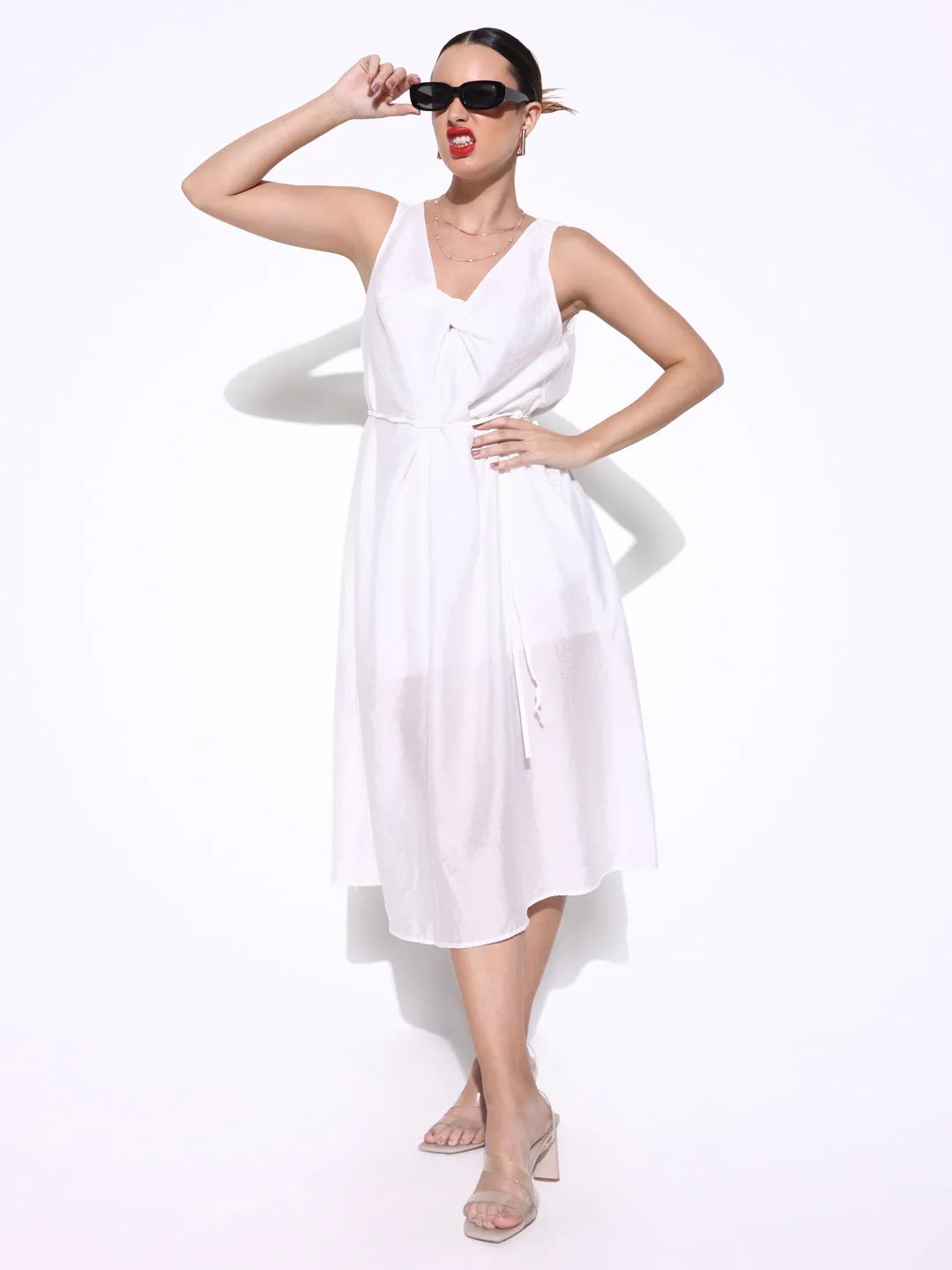 Women Solid White A Line Dress