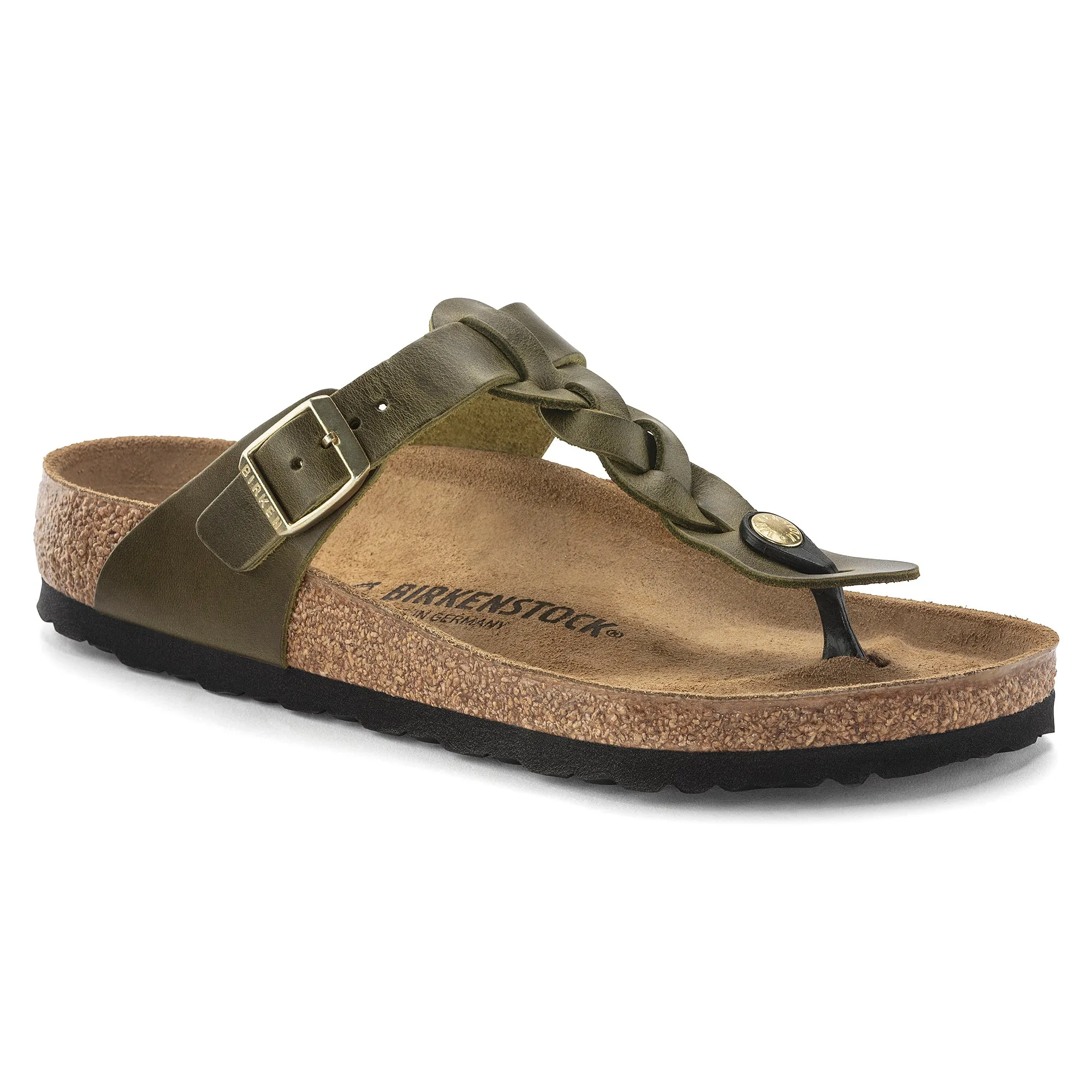 Women's Birkenstock Gizeh Braid Oiled Leather Color:  Olive Green