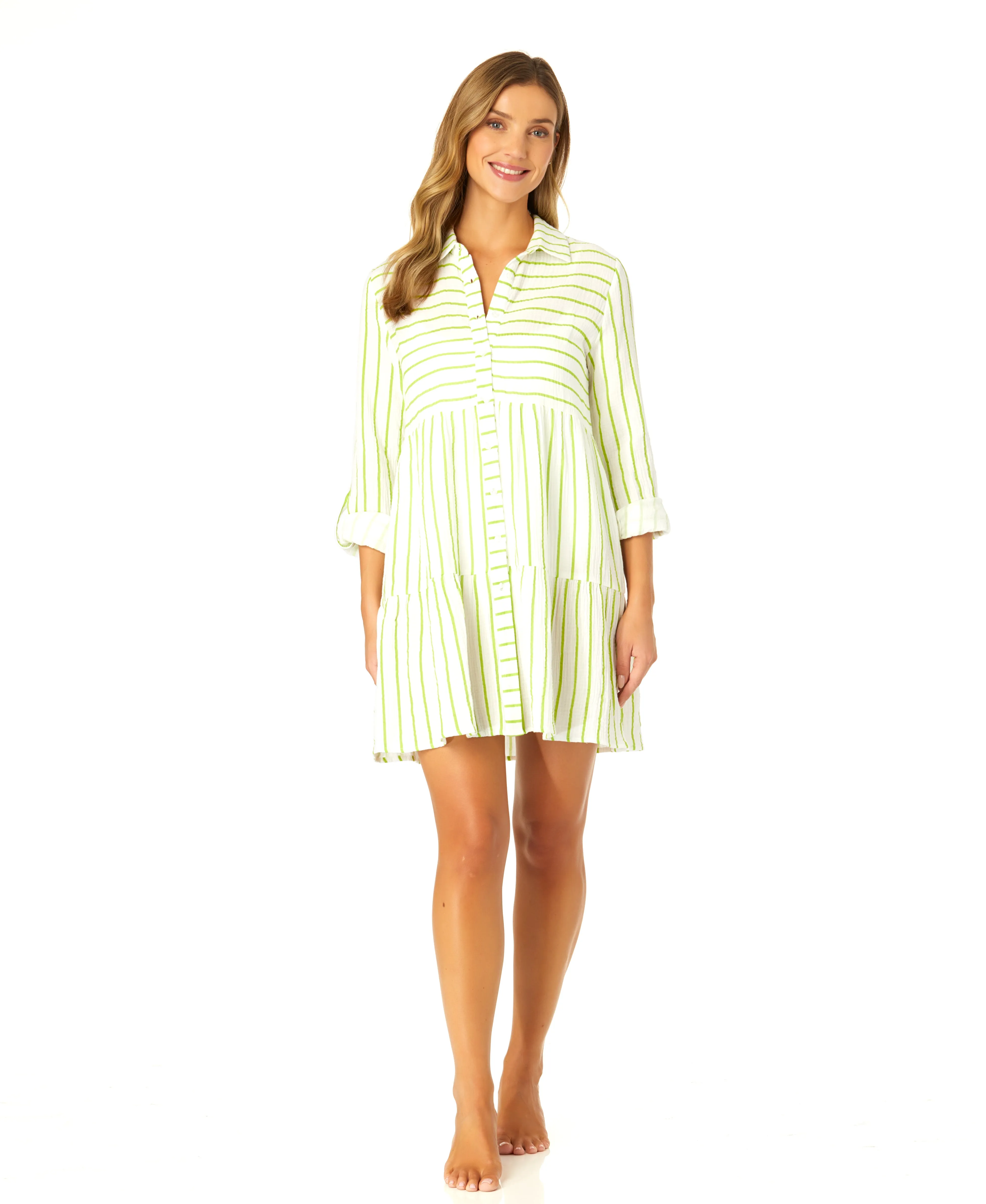 Women's Button Front Long Sleeve Tiered Dress Cover Up