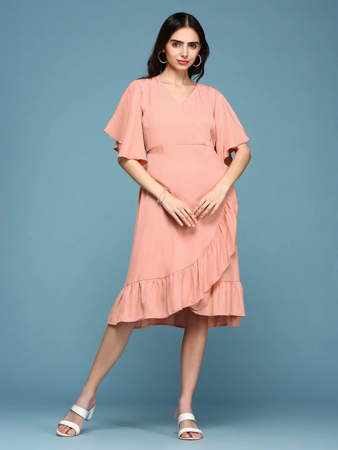 Women's Peach Solid Wrap Dress