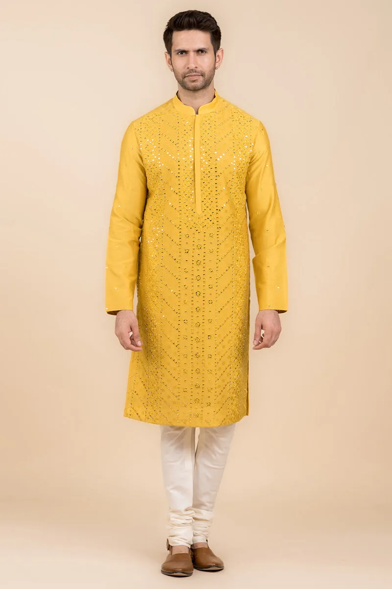 Yellow Ochre All Over Mirror Embroidered Kurta Set