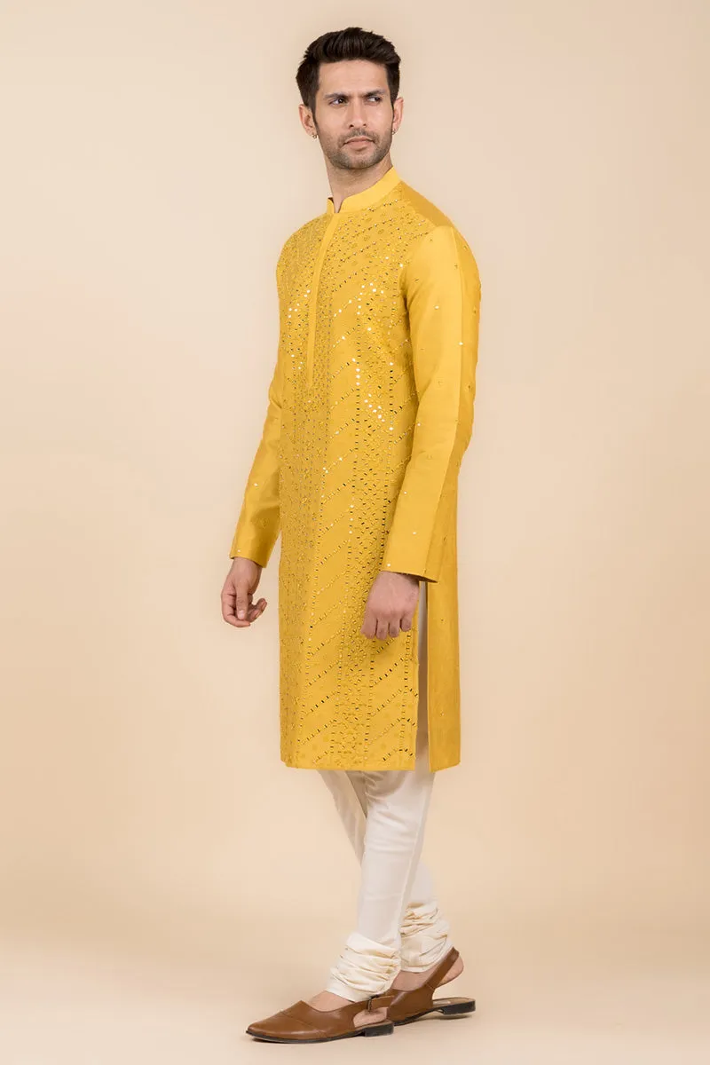 Yellow Ochre All Over Mirror Embroidered Kurta Set