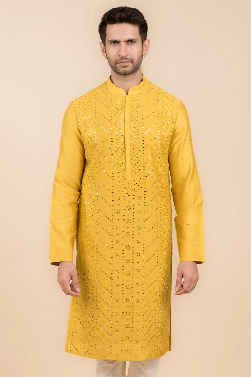 Yellow Ochre All Over Mirror Embroidered Kurta Set